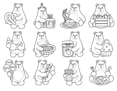 Sevimli ayı ikonu. Günlük aktivitelerdeki komik ayı. Fast food ve tatlı çeşitlerinin ana hatları.