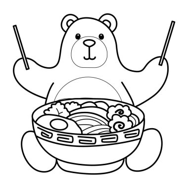Sevimli ayı ikonu. Günlük aktivitelerdeki komik ayı. Ayının dış hatları ramen yemek istiyor.