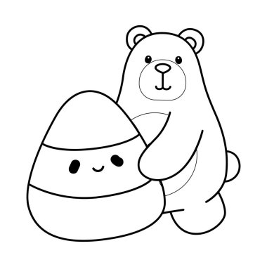 Cadılar Bayramı temalı şirin ayı ikonu. Cadılar Bayramı aktivitelerinde Funny Bear 'ın renkli sayfaları. Sarı bir şekeri kucaklayan ayının ana hatları