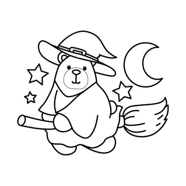 Cadılar Bayramı temalı şirin ayı ikonu. Cadılar Bayramı aktivitelerinde Funny Bear 'ın renkli sayfaları. Süpürge sopasıyla uçan cadı ayının ana hatları
