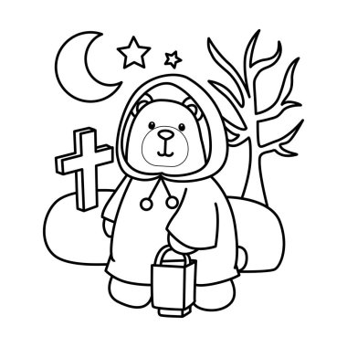 Cadılar Bayramı temalı şirin ayı ikonu. Cadılar Bayramı aktivitelerinde Funny Bear 'ın renkli sayfaları. Kırmızı bir kapüşonlu giyen ve mezarda yürüyen ayı tasviri.