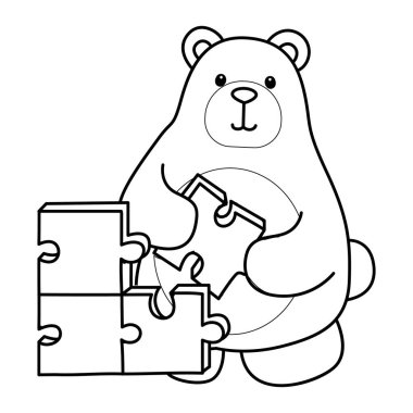 Sevimli ayı ikonunun renkli sayfaları. Bir yapboz oynayan ayının ana hatları