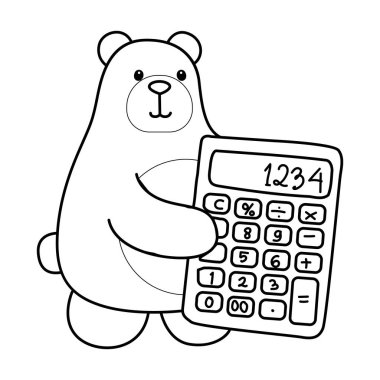 Sevimli ayı ikonunun renkli sayfaları. Ayı taslağı bir hesap makinesi getirin