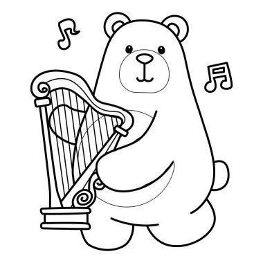 Sevimli ayı ikonunun renkli sayfaları. Harpa çalan ayının ana hatları