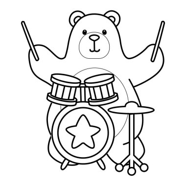 Sevimli ayı ikonunun renkli sayfaları. Grupta davul çalan ayı taslağı