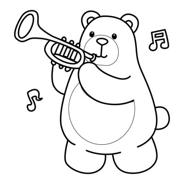 Sevimli ayı ikonunun renkli sayfaları. Trompet çalan ayı çizgisi