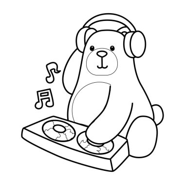 Sevimli ayı ikonunun renkli sayfaları. Kulüpte disk çalan ayının ana hatları