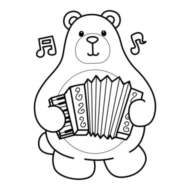 Sevimli ayı ikonunun renkli sayfaları. Akordeon çalan ayı taslağı