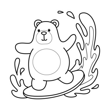 Sevimli ayı ikonunun renkli sayfaları. Sörf yapan ayının ana hatları