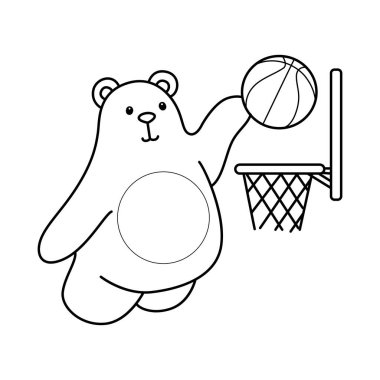 Sevimli ayı ikonunun renkli sayfaları. Basketbol oynayan ayının ana hatları