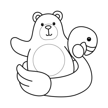 Sevimli ayı ikonunun renkli sayfaları. Flamingo lastiğine sıkışan ayı çizgisi