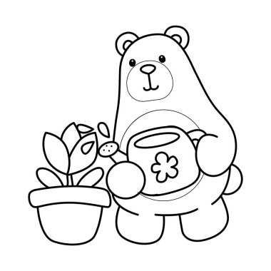 Sevimli ayı ikonunun renkli sayfaları. Bir lale çiçeğini sulayan ayının ana hatları