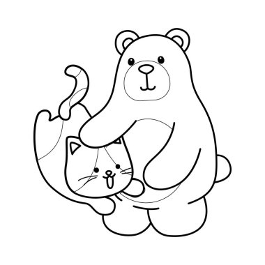 Sevimli ayı ikonunun renkli sayfaları. Yavru kediyle oynayan ayı taslağı