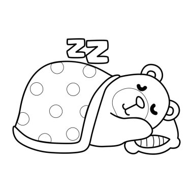 Sevimli ayı ikonunun renkli sayfaları. Yatakta uyuyan ayının ana hatları.