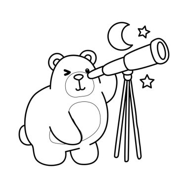 Sevimli ayı ikonu. Günlük aktivitelerdeki komik ayı. Ayının ana hatları Ay 'ı teleskopla görüyor