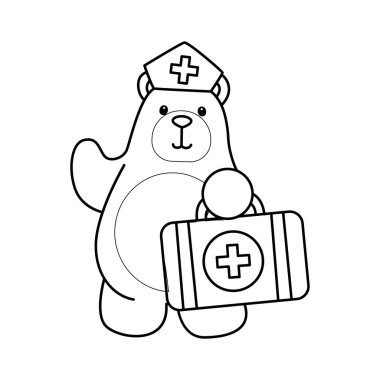 Sevimli ayı ikonu. Günlük aktivitelerdeki komik ayı. Ayının ana hatlarıyla ilk yardım çantası getir.