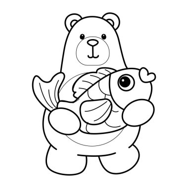 Sevimli ayı ikonu. Günlük aktivitelerdeki komik ayı. Ayının dış hatları altın bir balık getirir.