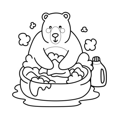 Sevimli ayı ikonu. Günlük aktivitelerdeki komik ayı. Ayı çamaşır yıkarken çizilmiş.