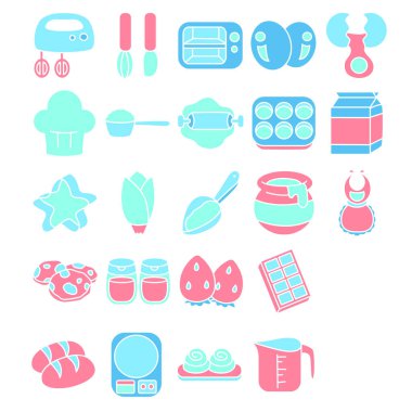 Eğitim ve atölye için fırın elementleri çıkartması. Pasta koleksiyonunun renklendirme sayfaları.