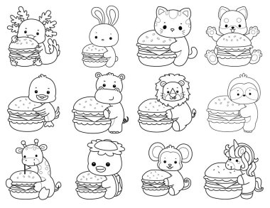 Sevimli hayvanların boyama sayfaları. Hayvan taslağı büyük bir hamburger getirir.
