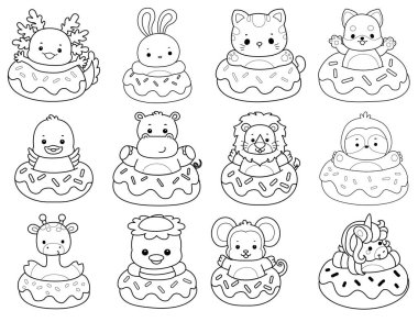 Sevimli hayvanların boyama sayfaları. Çöreğe sıkışmış hayvanların ana hatları.