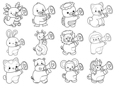 Sevimli hayvanların boyama sayfaları. Megafonla ses çıkaran hayvanların ana hatları