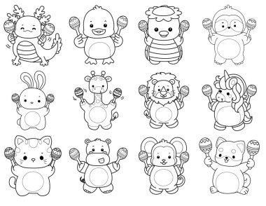 Sevimli hayvanların boyama sayfaları. Marakas çalan hayvanların ana hatları