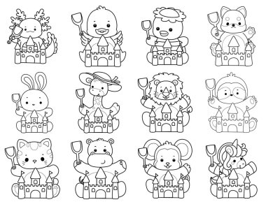 Sevimli hayvanların boyama sayfaları. Kumdan bir kalede oynayan hayvanların ana hatları