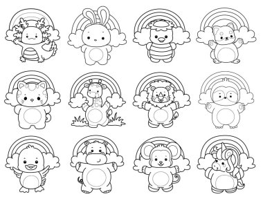 Sevimli hayvanların boyama sayfaları. Gökkuşağının önündeki hayvanların ana hatları