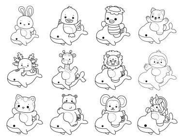 Sevimli hayvanların boyama sayfaları. Köpekbalığına binen hayvanların ana hatları