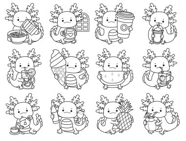 Şirin axolotl aktivite simgesi. Günlük rutin çıkartmalarla komik pembe axolotl 'un boyama sayfaları. İçki ve içeceğin varyasyonunda axolotl ana hatları