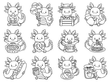 Şirin axolotl aktivite simgesi. Günlük rutin çıkartmalarla komik pembe axolotl 'un boyama sayfaları. Abur cubur ve abur cubur zamanının çeşitlemesinde axolotl 'un ana hatları