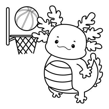 Günlük çıkartmalarla komik pembe axolotl boyama sayfaları. Basketbol oynayan axolotl 'un ana hatları