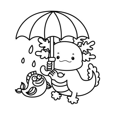 Günlük çıkartmalarla komik pembe axolotl boyama sayfaları. Axolotl çizgisi. Şemsiye getirin.