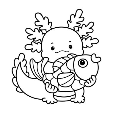 Günlük çıkartmalarla komik pembe axolotl boyama sayfaları. Axolotl 'un ana hatları. Altın bir balık getirdim.