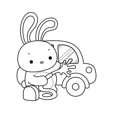 Şirin tavşan ikonu. Günlük aktivitelerde komik tavşan. Tavşanın araba yıkadığı boyama sayfaları.