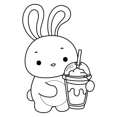 Şirin tavşan ikonu. Günlük aktivitelerde komik tavşan. Tavşancık milkshake içiyor.