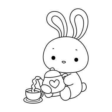 Şirin tavşan ikonu. Günlük aktivitelerde komik tavşan. Tavşan çizgisi çay dolduruyor. 