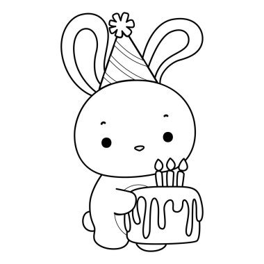 Şirin tavşan ikonu. Günlük aktivitelerde komik tavşan. Tavşan çizgisi, doğum günü pastası getir.