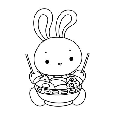 Şirin tavşan ikonu. Günlük aktivitelerde komik tavşan. Ramen yiyen tavşanın ana hatları