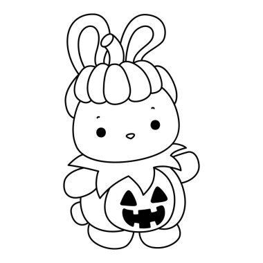 Şirin tavşan ikonu. Cadılar Bayramı aktivitelerinde komik tavşan. Cadılar bayramında balkabağı kostümü giyen tavşan sayfaları.