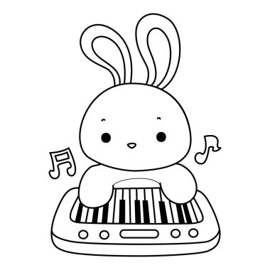 Komik Tavşan 'ın günlük aktivitelerini boyama kitabı. Piyano çalan tavşan taslağı