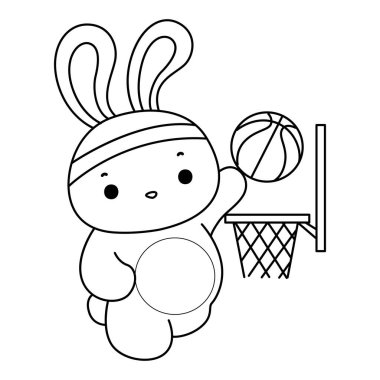 Komik Tavşan 'ın günlük aktivitelerini boyama kitabı. Basketbol oynayan tavşanın taslağı.