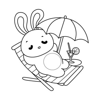 Komik Tavşan 'ın günlük aktivitelerini boyama kitabı. Sahilde yatan tavşanın ana hatları