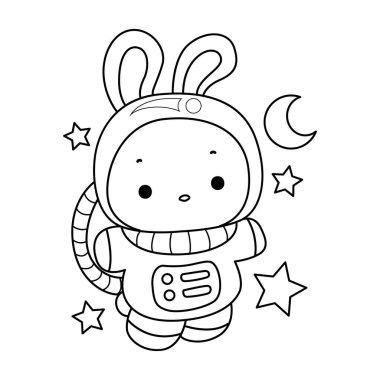 Komik Tavşan 'ın günlük aktivitelerini boyama kitabı. Astronot kostümü giymiş tavşan çizgisi.