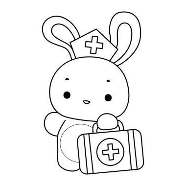 Komik Tavşan 'ın günlük aktivitelerini boyama kitabı. Tavşan çizgisi. İlk yardım çantası getir.