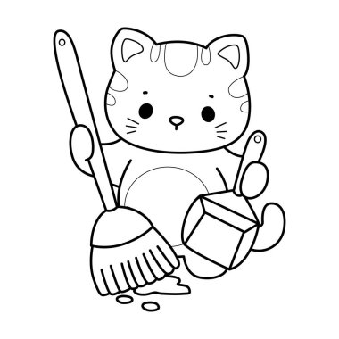 Albüm ve çıkartma için Kawaii hayvan kedisini boyamak. Yerleri süpürge ve toz beziyle temizleyen kedinin ana hatları