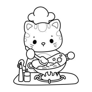 Albüm ve çıkartma için Kawaii hayvan kedisini boyamak. Kızarmış pirinç pişiren kedinin taslağı.