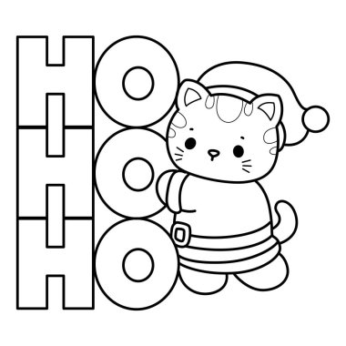 Yılbaşı temalı yapıştırma ve albüm için Kawaii hayvan kedisini boyamak. Noel Baba kedi ve ho ho metin
