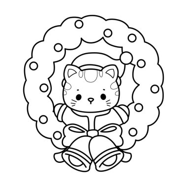 Yılbaşı temalı yapıştırma ve albüm için Kawaii hayvan kedisini boyamak. Noel süslemesinin ortasındaki Noel Baba Kedisi taslağı.